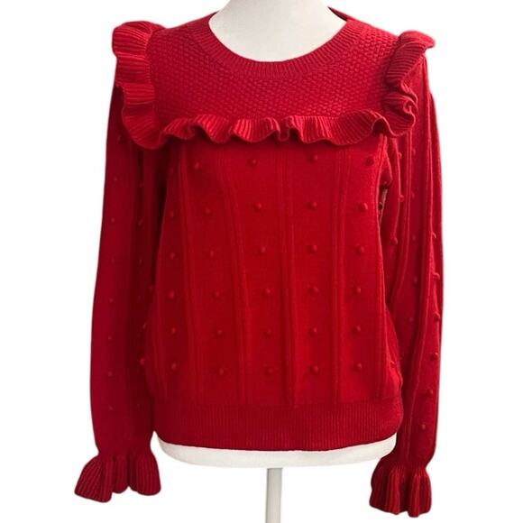 Kate Spade | Wool Blend Ruffle Yoke Bobble Sweater | Charm Red | Women’s Small - Picture 3 of 14